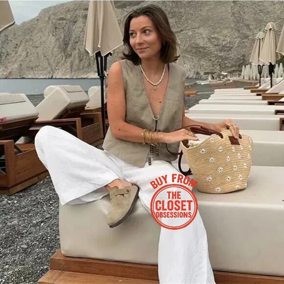 ZARA Sleeveless Linen Vest NWT | Beige Beaded Tie-Front Top Size L - Picture 9 of 16